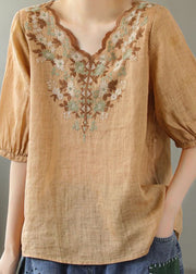 Boho Khaki V Neck Embroideried Patchwork Linen T Shirt Summer