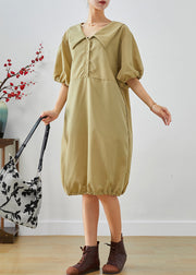 Boho Khaki V Neck Oversized Cotton Mid Dress Lantern Sleeve