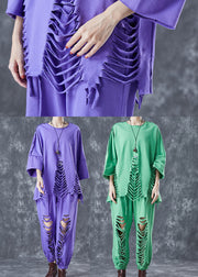 Boho Lavender Oversized Hollow Out Cotton Women Sets 2 Pieces Summer