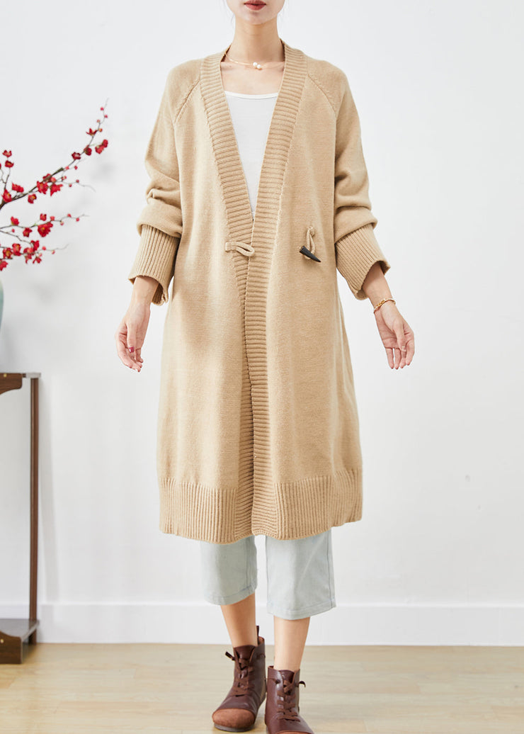 Boho Light Camel Oversized Horn Button Knit Loose Coat Fall