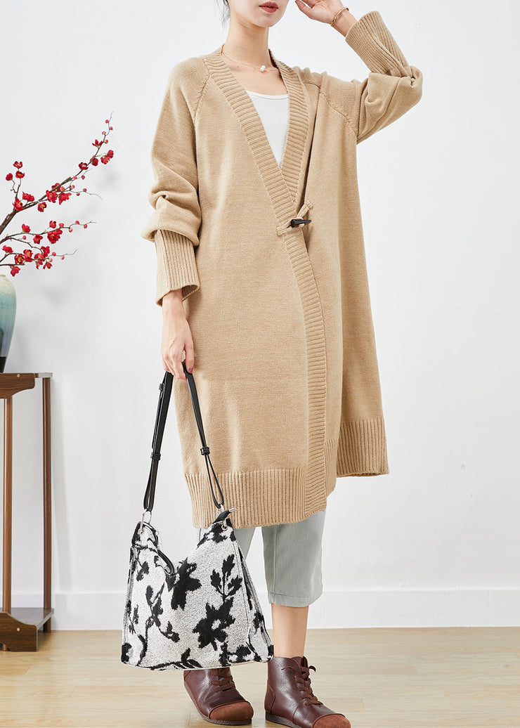 Boho Light Camel Oversized Horn Button Knit Loose Coat Fall