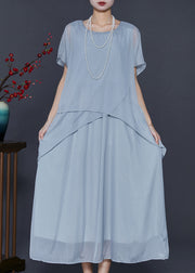 Boho Light Grey Oversized Patchwork Silk Ankle Dress Summer