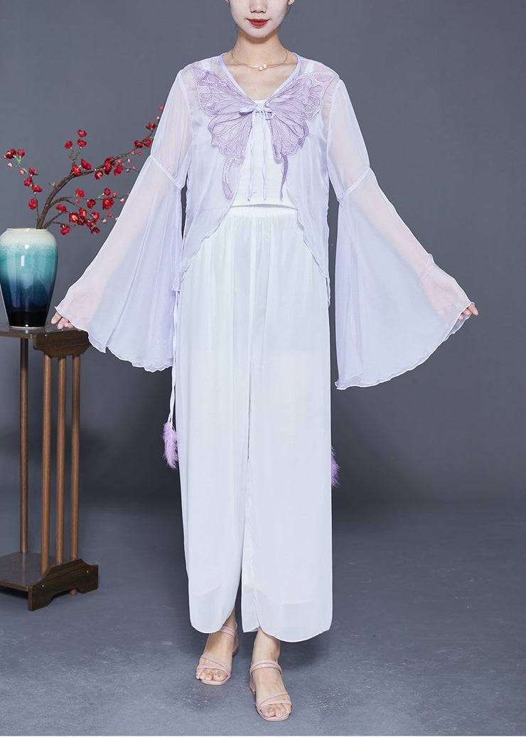 Boho Light Purple Butterfly Embroideried Chiffon Cardigan Flare Sleeve