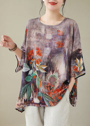 Boho Light Purple O-Neck Print Linen Top Long Sleeve