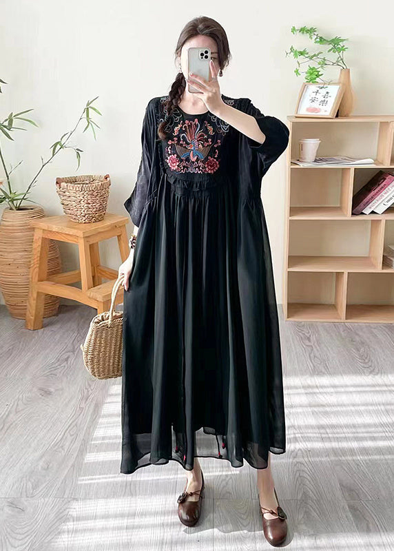 Boho Loose Black O Neck Embroidered Patchwork Silk Dress Summer