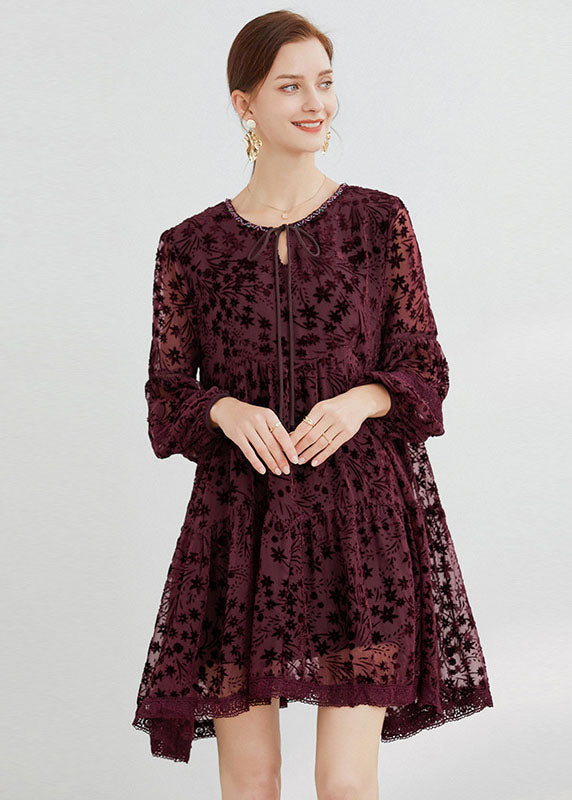 Boho Mulberry O-Neck Lace Up Silk Velour Mid Dress Long Sleeve