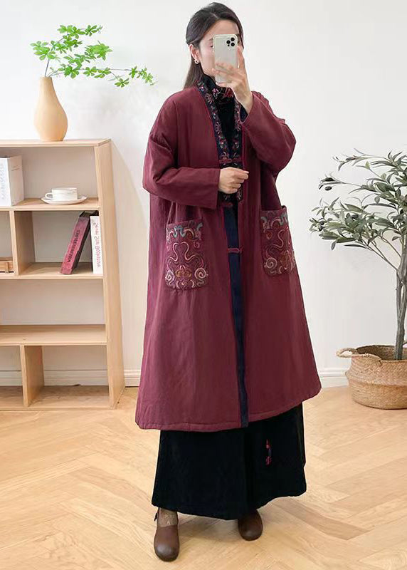 Boho Mulberry V Neck Embroidered Pockets Fine Cotton Filled Coat Winter