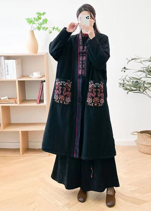 Boho Mulberry V Neck Embroidered Pockets Fine Cotton Filled Coat Winter