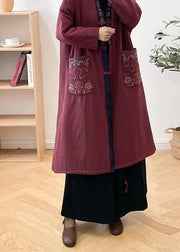 Boho Mulberry V Neck Embroidered Pockets Fine Cotton Filled Coat Winter