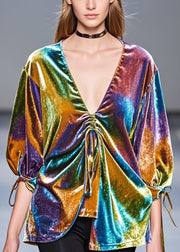 Boho Multicolour Asymmetrical Drawstring Silk Velour Shirt Top Spring