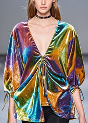 Boho Multicolour Asymmetrical Drawstring Silk Velour Shirt Top Spring