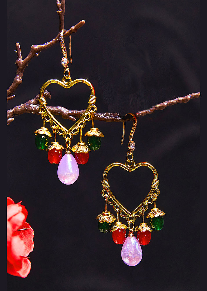 Boho Multicolour Beads Heart-shaped Tassels Drop Earrings