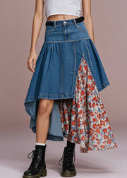 Boho Navy Asymmetrical Patchwork Print Denim Skirt Spring