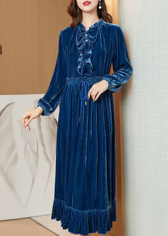 Boho Navy Cinched Patchwork Ruffles Silk Velour Long Dress Spring