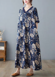 Boho Navy Oversized Print Cotton Vacation Dresses Summer