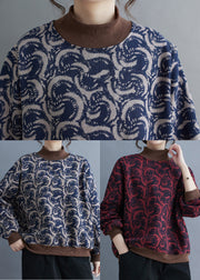 Boho Navy Print Patchwork Warm Fleece Sweatshirt Top Spring