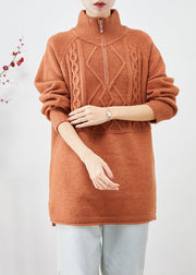 Boho Orange High Neck Zip Up Thick Knit Sweater Tops Winter