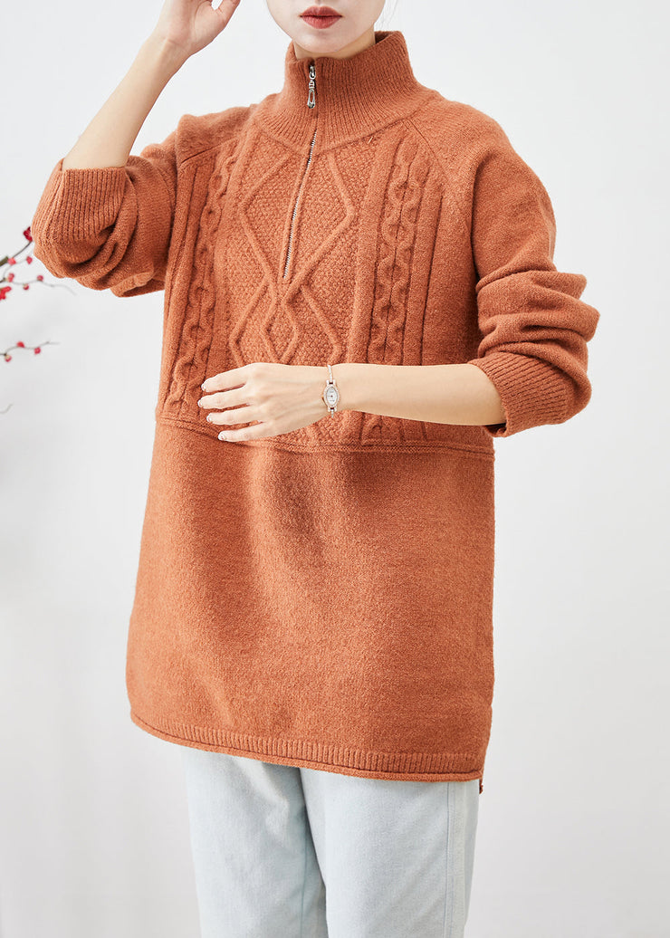 Boho Orange High Neck Zip Up Thick Knit Sweater Tops Winter