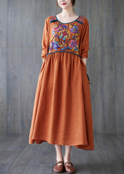 Boho Orange O Neck Embroidered Patchwork Cotton Dress Spring