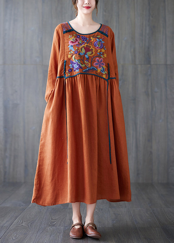 Boho Orange O Neck Embroidered Patchwork Cotton Dress Spring