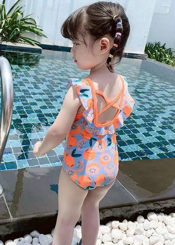 Boho Orange O-Neck Print Girls One Piece Swimsuit Summer