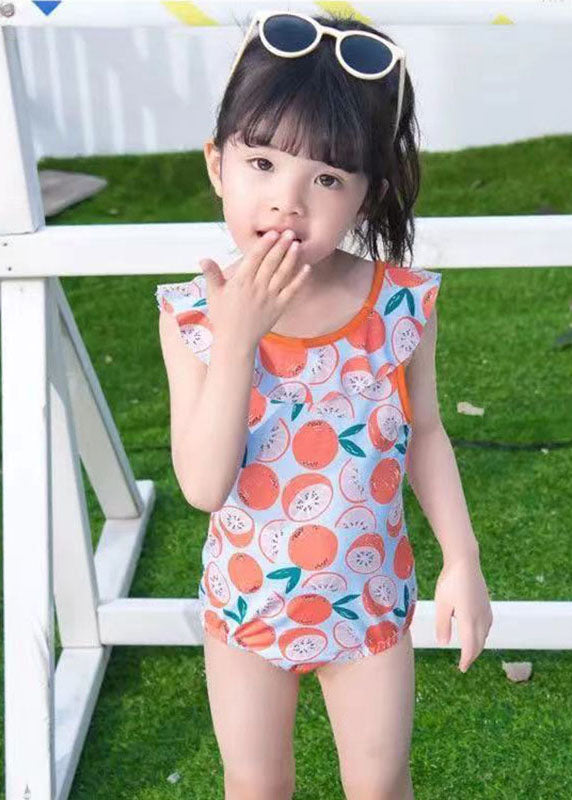 Boho Orange O-Neck Print Girls One Piece Swimsuit Summer
