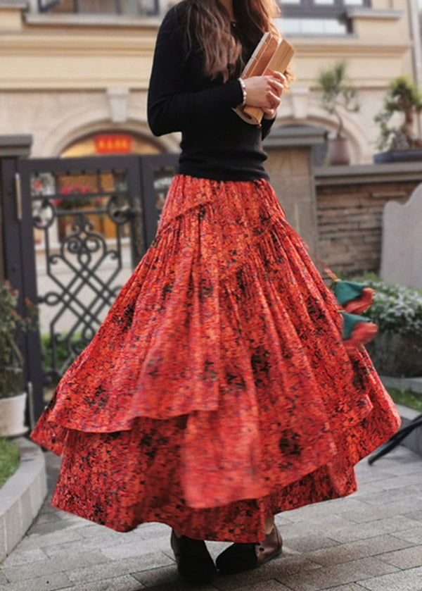 Boho Orange Wrinkled Print Patchwork Cotton Skirt Spring