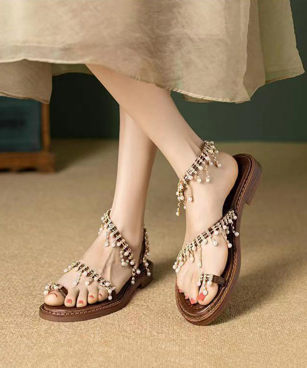 Boho Original Brown Pearl Tassel Splicing Walking Sandals