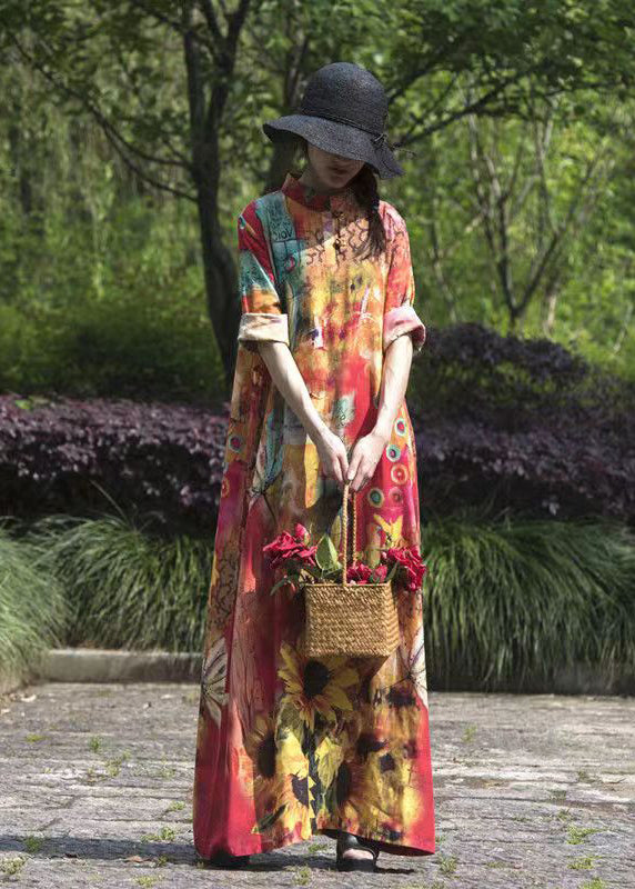 Boho Original Stand Collar Print Linen Long Dresses Spring