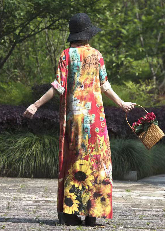 Boho Original Stand Collar Print Linen Long Dresses Spring