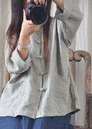 Boho Oversized Chinese Button Pockets Linen Shirt Fall