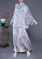 Boho Oversized Print Wrinkled Silk Two Piece Set Women Clothing Batwing Sleeve