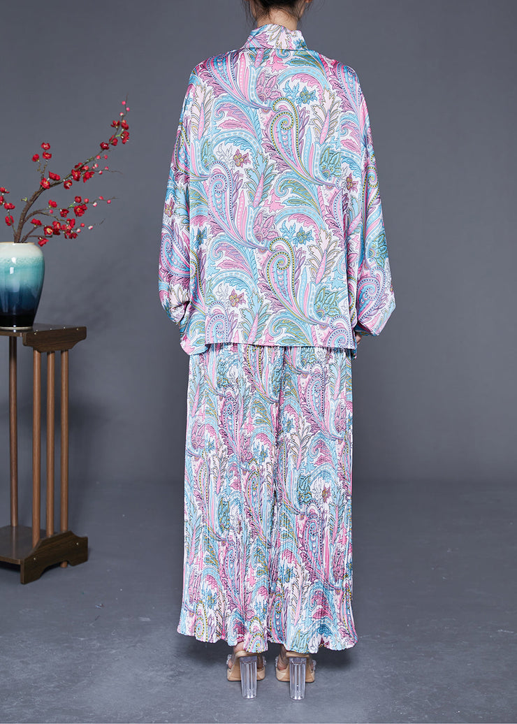 Boho Oversized Print Wrinkled Silk Two Piece Set Women Clothing Batwing Sleeve