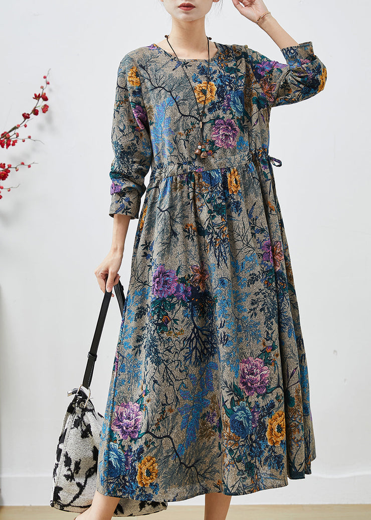 Boho Peacock Blue Cinched Print Cotton Dress Spring