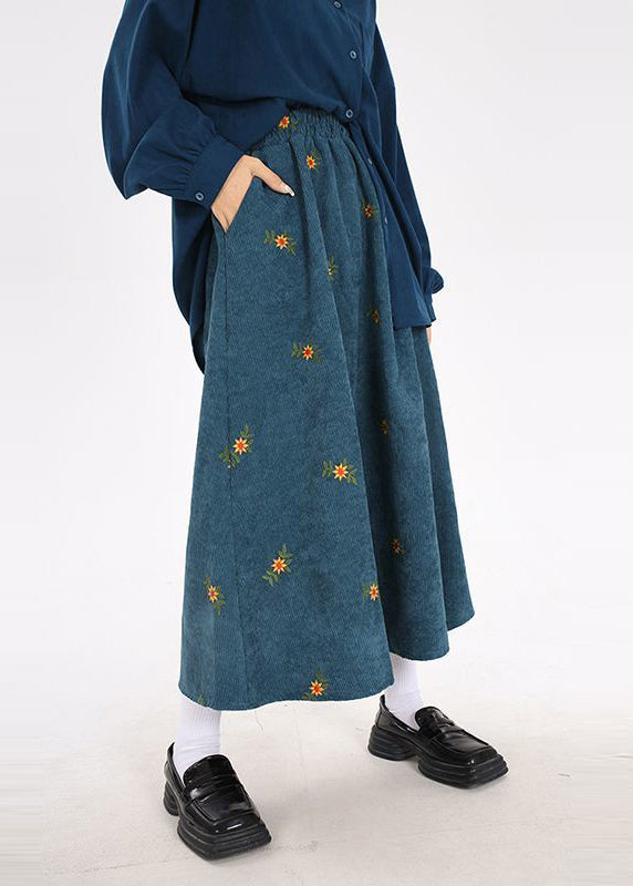 Boho Peacock Blue Embroidered Corduroy Skirts Spring