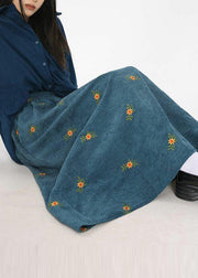 Boho Peacock Blue Embroidered Corduroy Skirts Spring