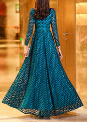 Boho Peacock Blue Wrinkled Hollow Out Lace Long Dress Long Sleeve