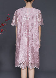 Boho Pink Embroidered Silk Tea Dress Summer