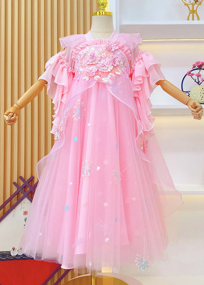 Boho Pink Embroideried Ruffled Tulle Kids Girls Long Dresses Summer