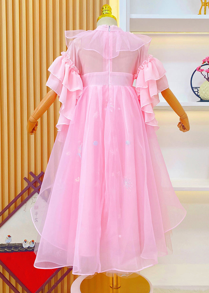 Boho Pink Embroideried Ruffled Tulle Kids Girls Long Dresses Summer