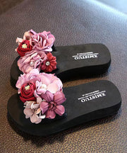 Boho Pink Floral Splicing Slide Sandals Peep Toe