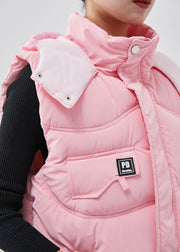 Boho Pink Hooded Warm Fine Cotton Filled Puffers Vests Winter