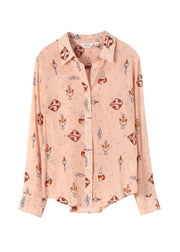 Boho Pink Peter Pan Collar Print Silk Blouses Spring