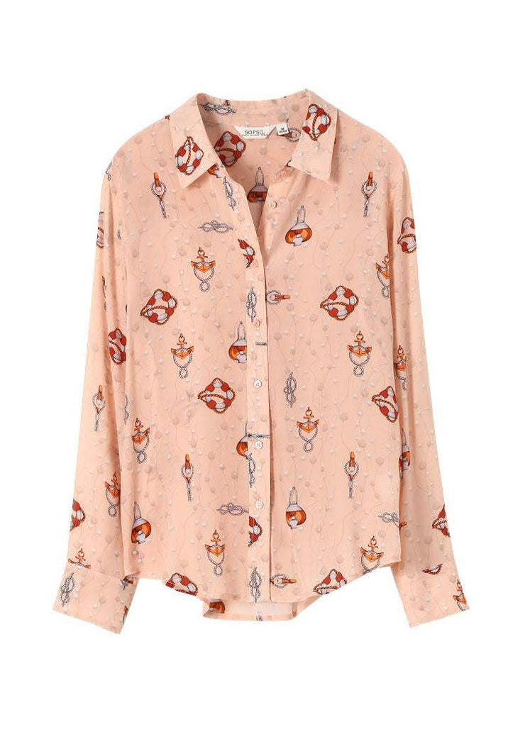 Boho Pink Peter Pan Collar Print Silk Blouses Spring