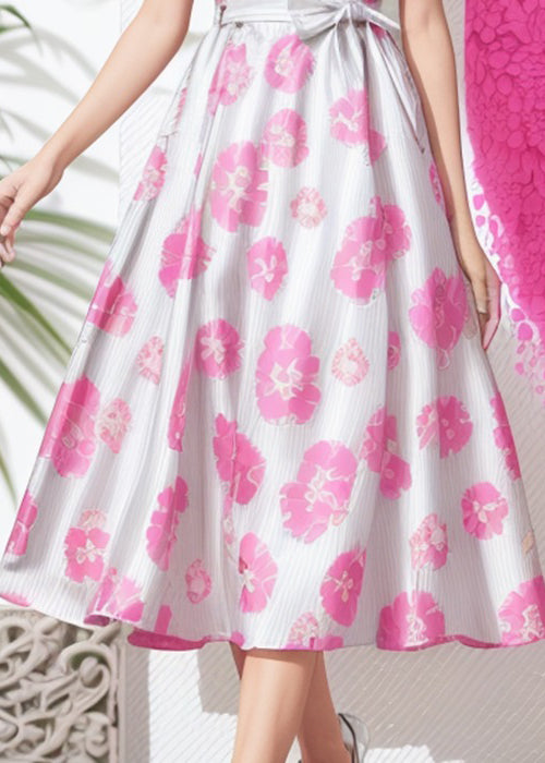 Boho Pink Ruffled Tie Waist Silk Long Dresses Summer