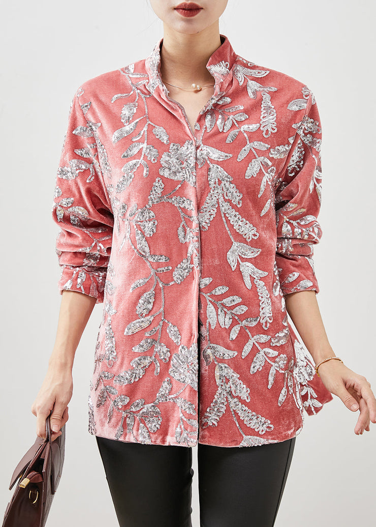 Boho Pink Stand Collar Leaf Sequins Silk Velour Shirt Spring