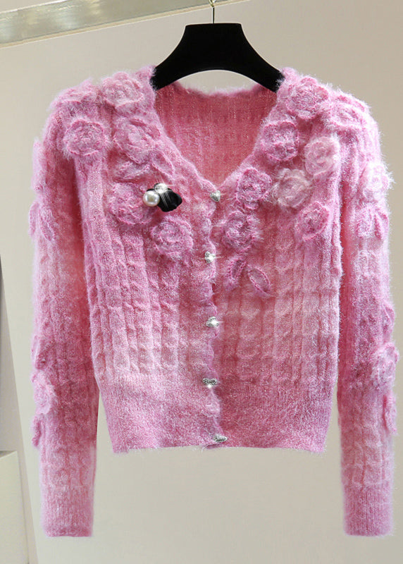 Boho Pink V Neck Floral Zippered Cotton Knit Sweaters Winter