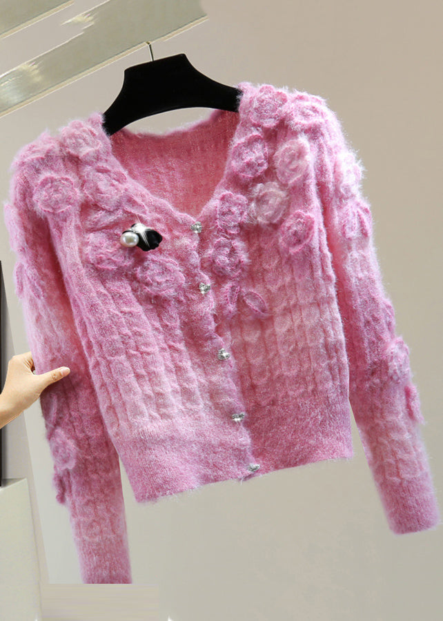 Boho Pink V Neck Floral Zippered Cotton Knit Sweaters Winter