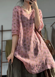 Boho Pink V Neck Print Patchwork Linen Mid Dress Summer