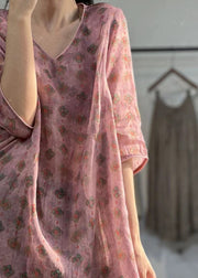 Boho Pink V Neck Print Patchwork Linen Mid Dress Summer